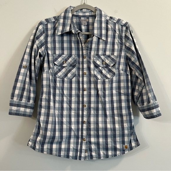 Women’s Carhartt blue plaid quarter sleeve button up shirt size small S - Picture 1 of 5